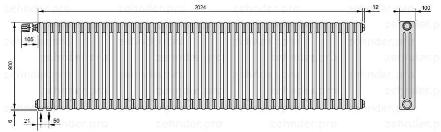 Схема (чертеж) Радиатор Zehnder Charleston 3090/44 №V001 Белый глянцевый RAL 9016